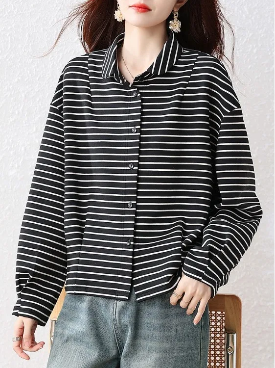Casual Striped Sweatshirt Jacket plus Size Women's Fashion Autumn New Loose Long Sleeve Button Versatile Top Commute Style