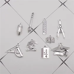 18PCS Student Stationery Charms Alloy Pencil Book Ruler Compass Graduate Cap Pendant Findings Crafts Jewelry Making Accessory