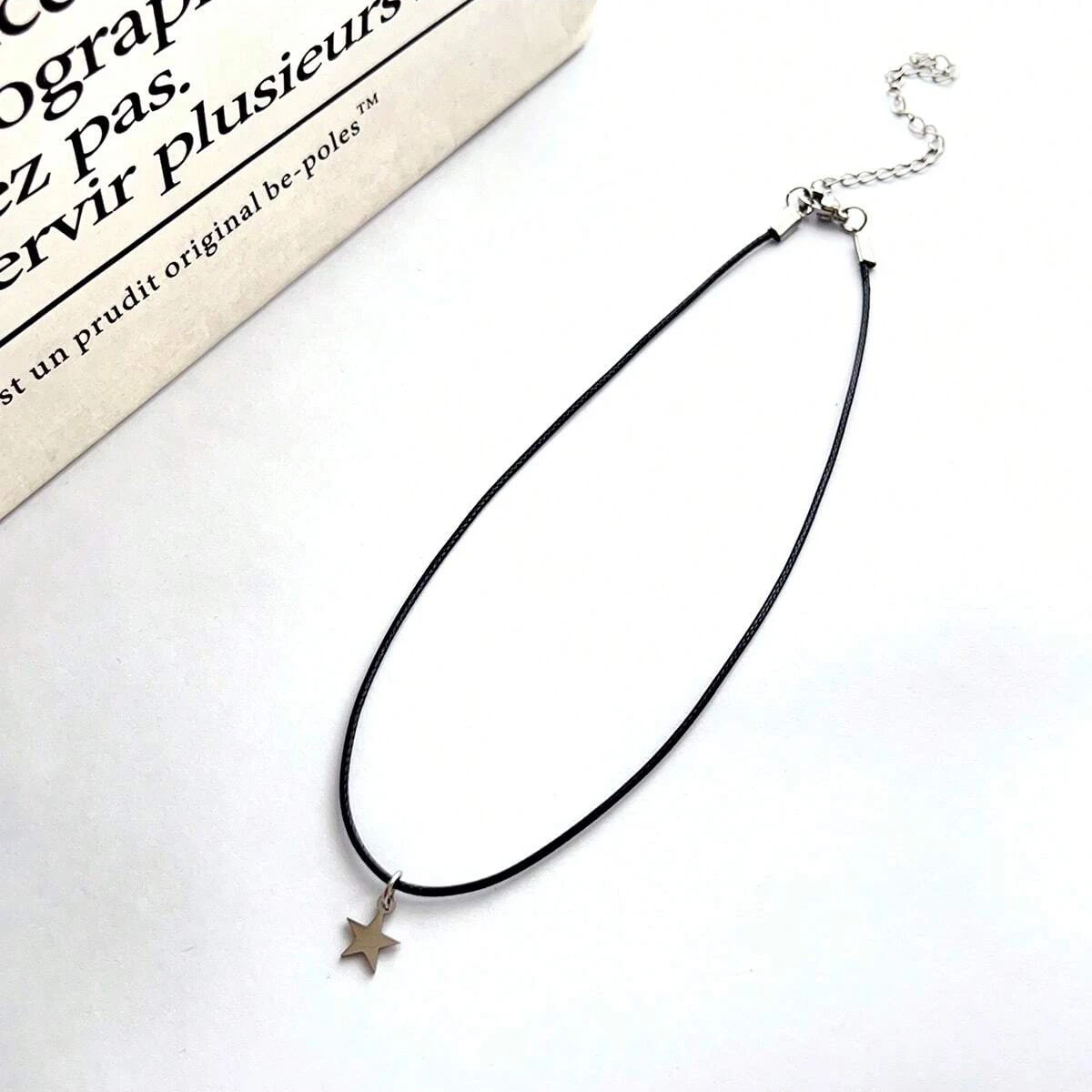 قلادة بسيطة ومتعددة الاستخدامات من حبل الشمع الأسود من الفولاذ المقاوم للصدأ على شكل نجمة، إكسسوار نسائي #4