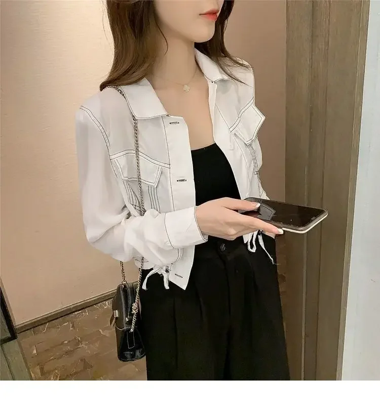 Versatile for Wearing Outside Careful Machine High Waist For Long Sleeved Jacket for Women New Design Sense Niche Short Shirt