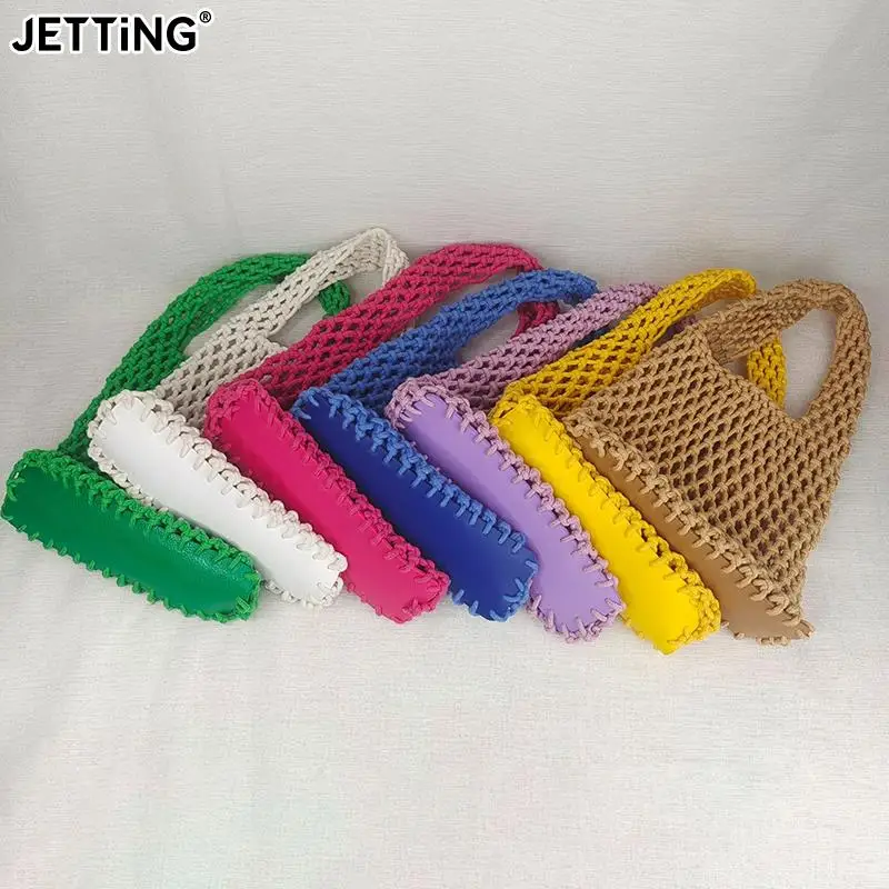 Summer Hand Woven Tote Bags Knitting Crochet Beach Shoulder Bag Hollow Out Handbag Ladies Knitting Straw Rope Underarm Bag