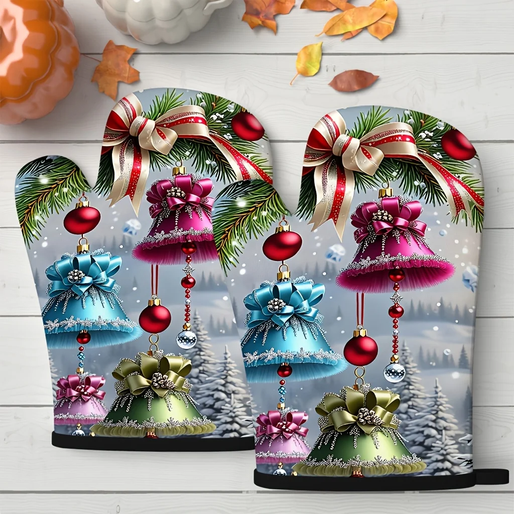 2pcs Heat-Resistant Oven Mitts Suitable for Baking Gloves with Pine Bell Berry Christmas - Kitchen Mittens for Grilling Cooking