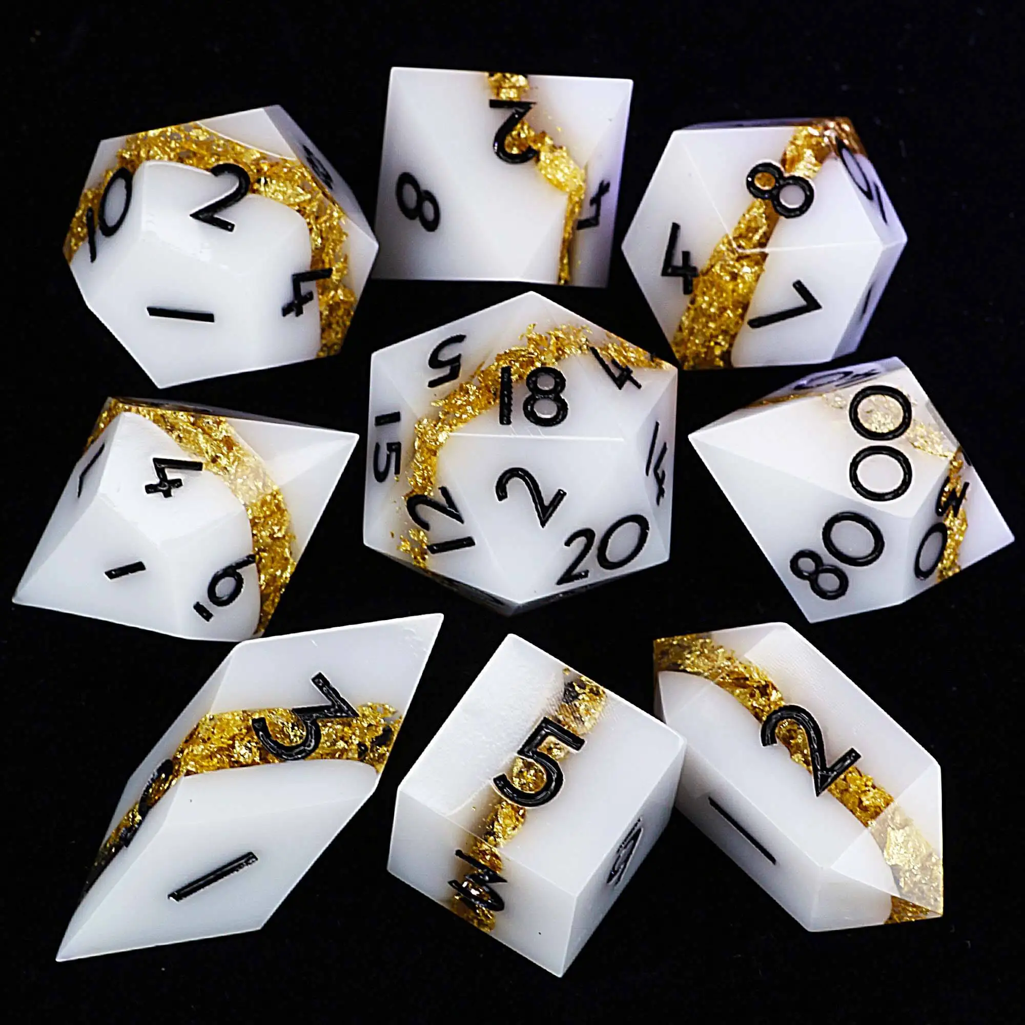 

9 Polyhedral Resin DnD Set of Dice White Gold Foil Sandwich