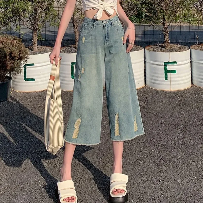 Ripped High Waist Retro Jeans Women's Korean Style Cropped Straight Pants Trend Clothing Aesthetic Wide Woman Baggy Clothes Y2k