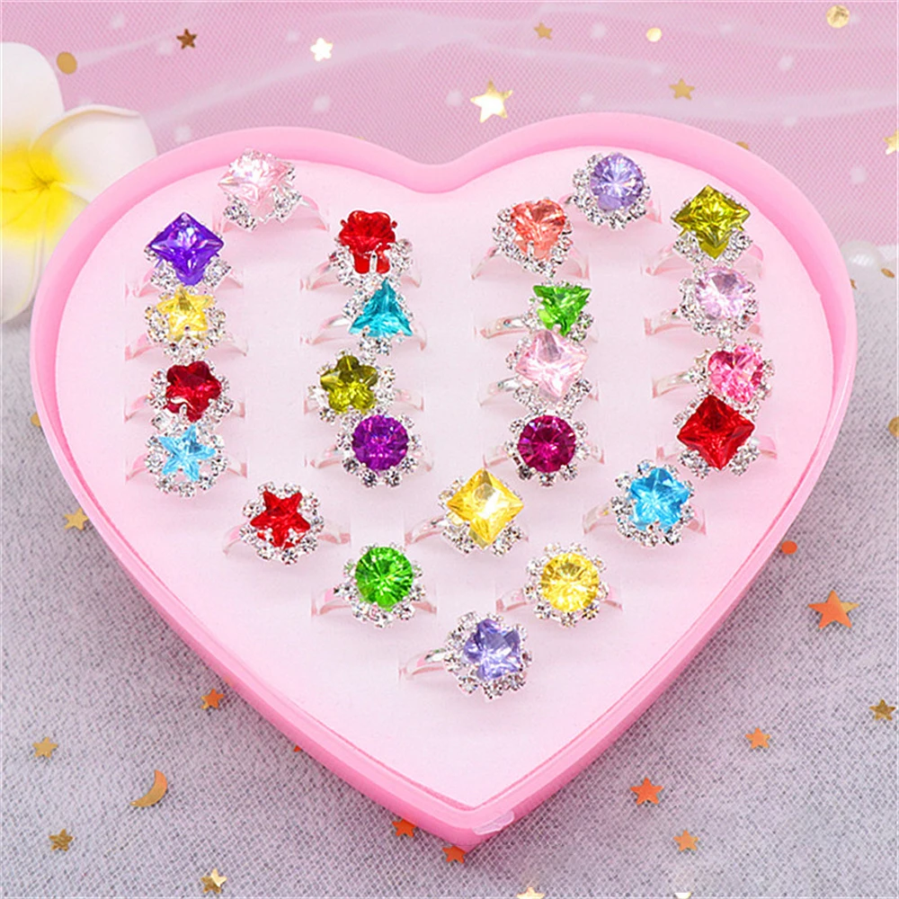 Sparkling Acrylic Colored Gemstone Adjustable Ring Gift Box Set for Girls Mixed Batch Jewelry Daily Accessories Wholesale