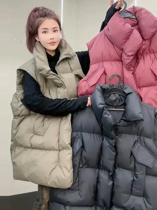 

Fashionable Women's Loose Fit Stand Collar Cotton Vest Jacket Mid-Length Bread Style Vest Winter Outerwear Polyester Fiber