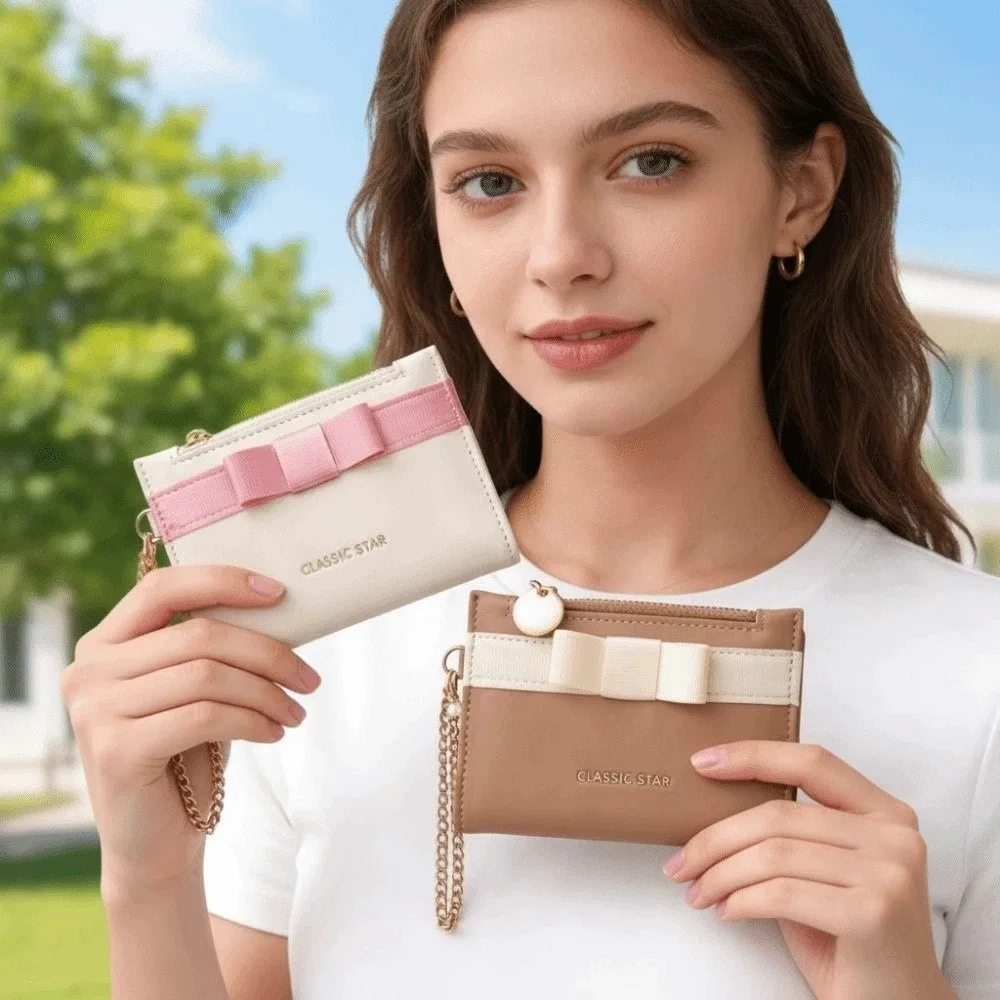 

Portable Candy Color Wallet Bow Small Pouch Multiple Card Short Leather Purse Anti-splash Water PVC Folding Card Bag School