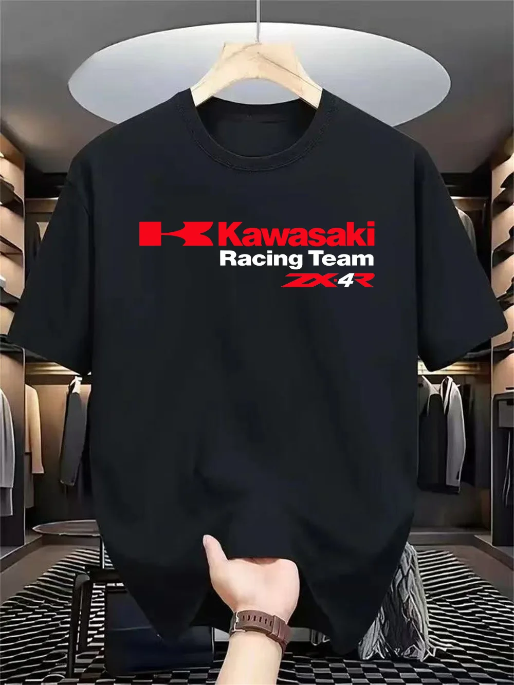 

Kawasaki men's short sleeved quick drying sweat absorbing comfortable T-shirt, round neck loose top fashionable streetwear