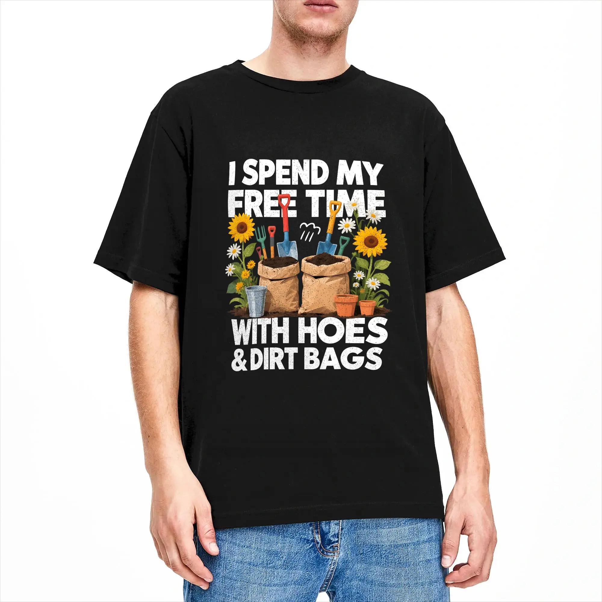 I Spend My Free Time with Hoes and Dirt Bags Funny Gardening Cotton T Shirt For Men Summer  Vintage T-Shirts Trendy Cool Tees