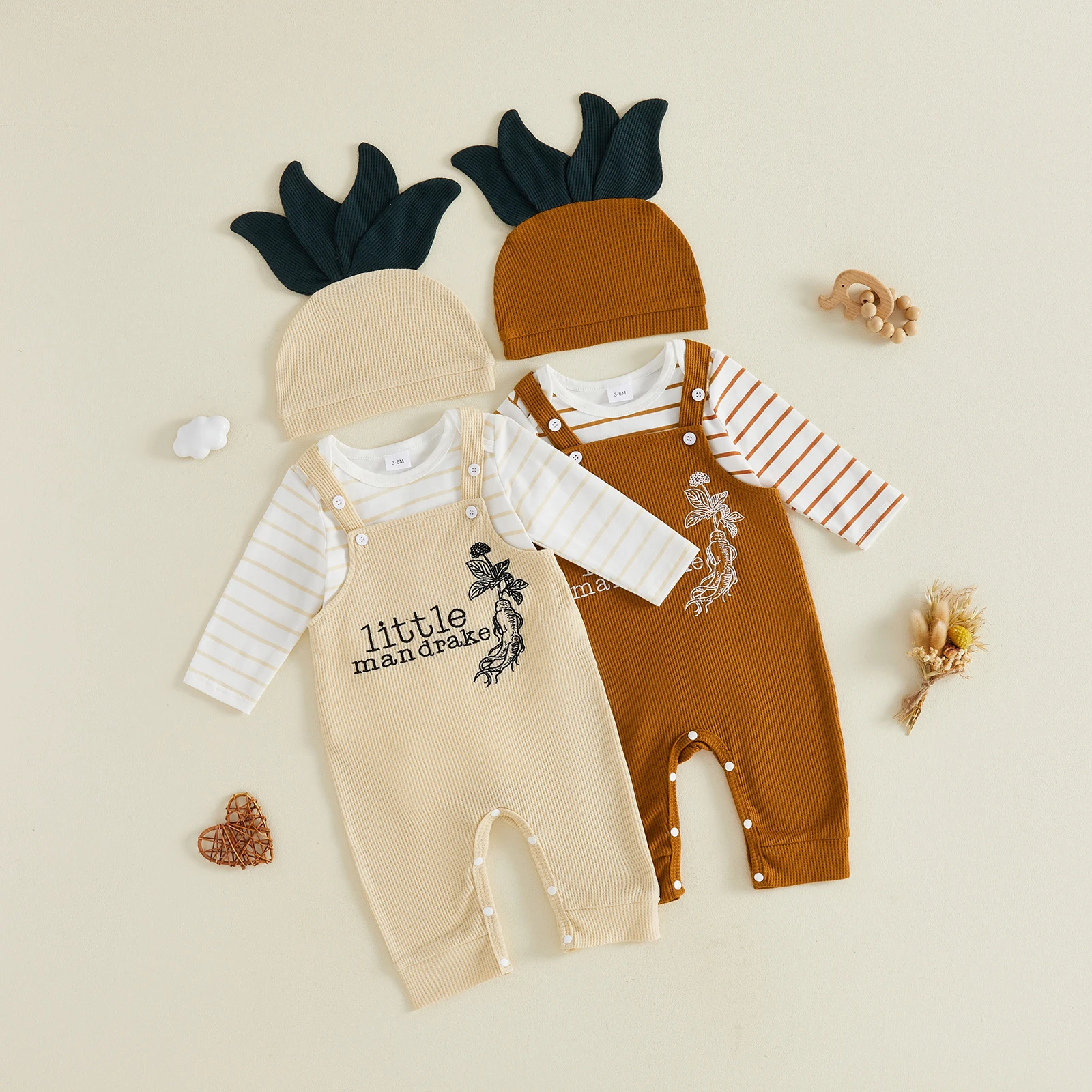 2027 Winter Baby Boy Fall Outfit Casual Striped Crew Neck Long Sleeve Romper Letter Embroidered Overalls and Hat 3 Pcs Set