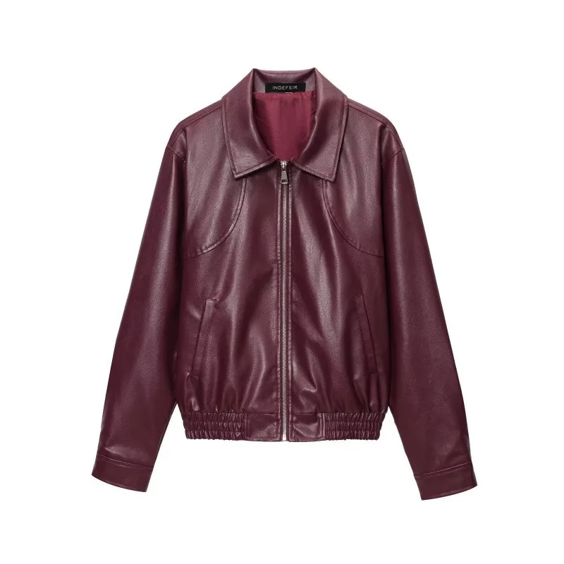 2025 Giacca da donna nuova autunno Retro Semplice risvolto Giacca in pelle con cerniera Top a maniche lunghe Giacche bordeaux Cappotto corto casual da donna