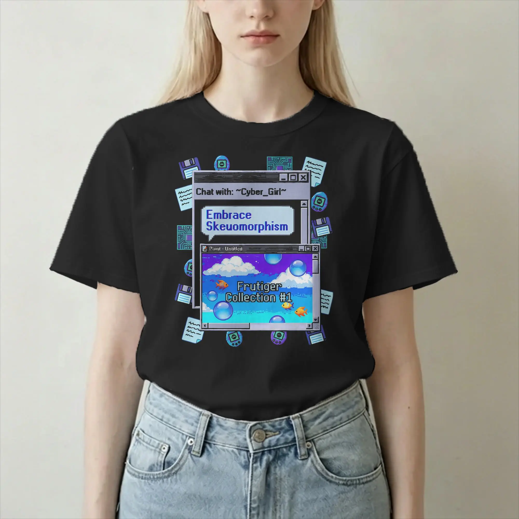 Embrace Skeuomorphism Frutiger Aero Pixel Art Retro Desktop T Shirt for Men Women 100% Cotton Vintage T-Shirts Tee Tops Printing