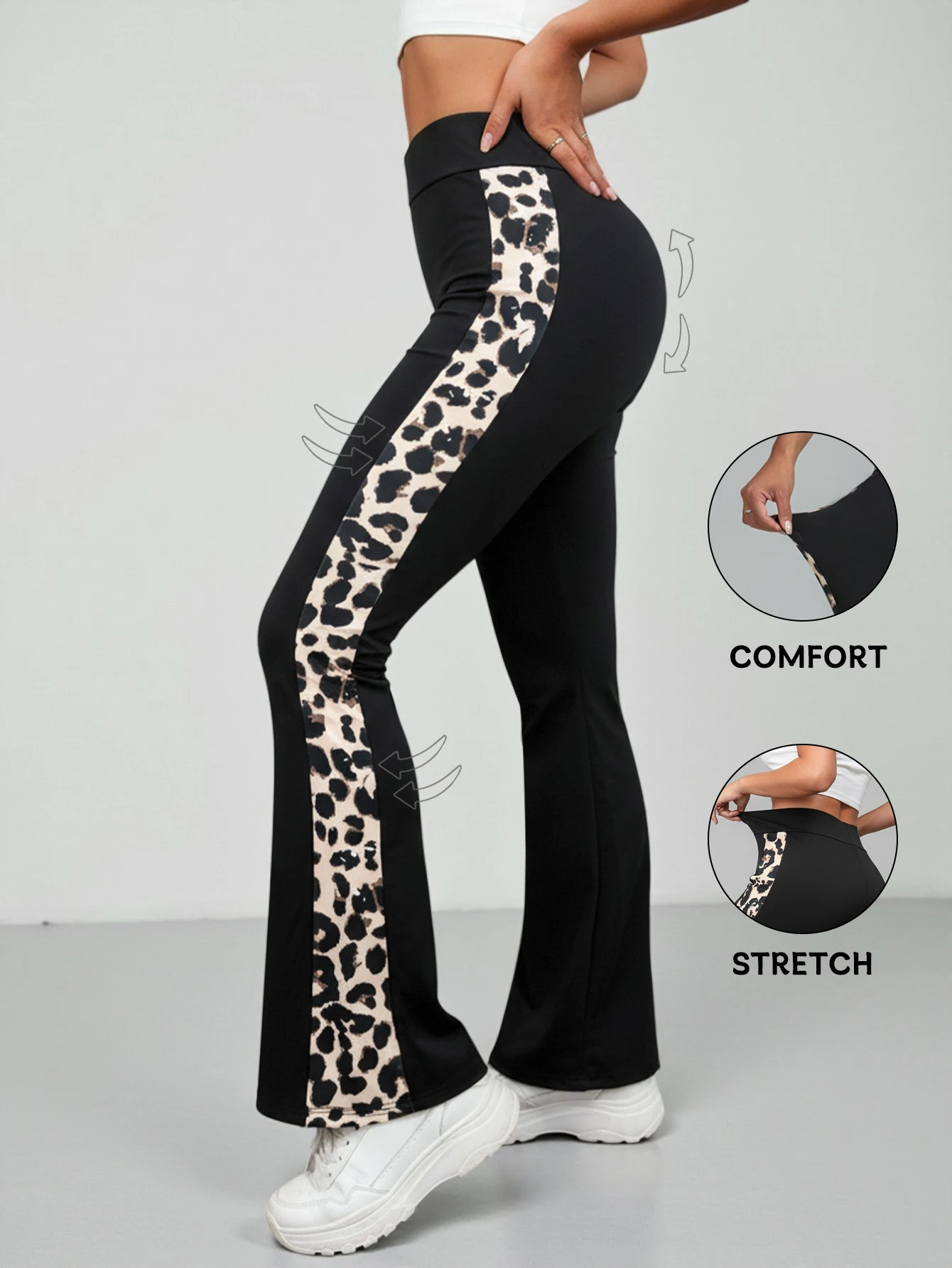 

Женские расклешенные брюки с высокой талией, эластичные повседневные брюки с леопардовым принтом и боковой панелью, черные