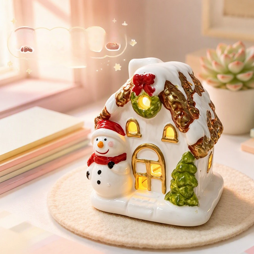 Ceramic Christmas Snow House Night Light, LED Glowing Village Cottage Tabletop Decor, Festive Holiday Ornament for Home