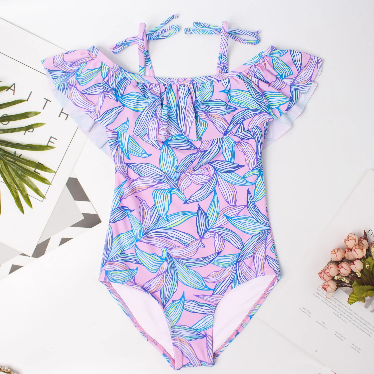 Purple Leaf Print Girls Teens One Piece Swimsuit Summer Baby Kids Swimwear Children Beachwear Kid Swimming Suit Monokini A273