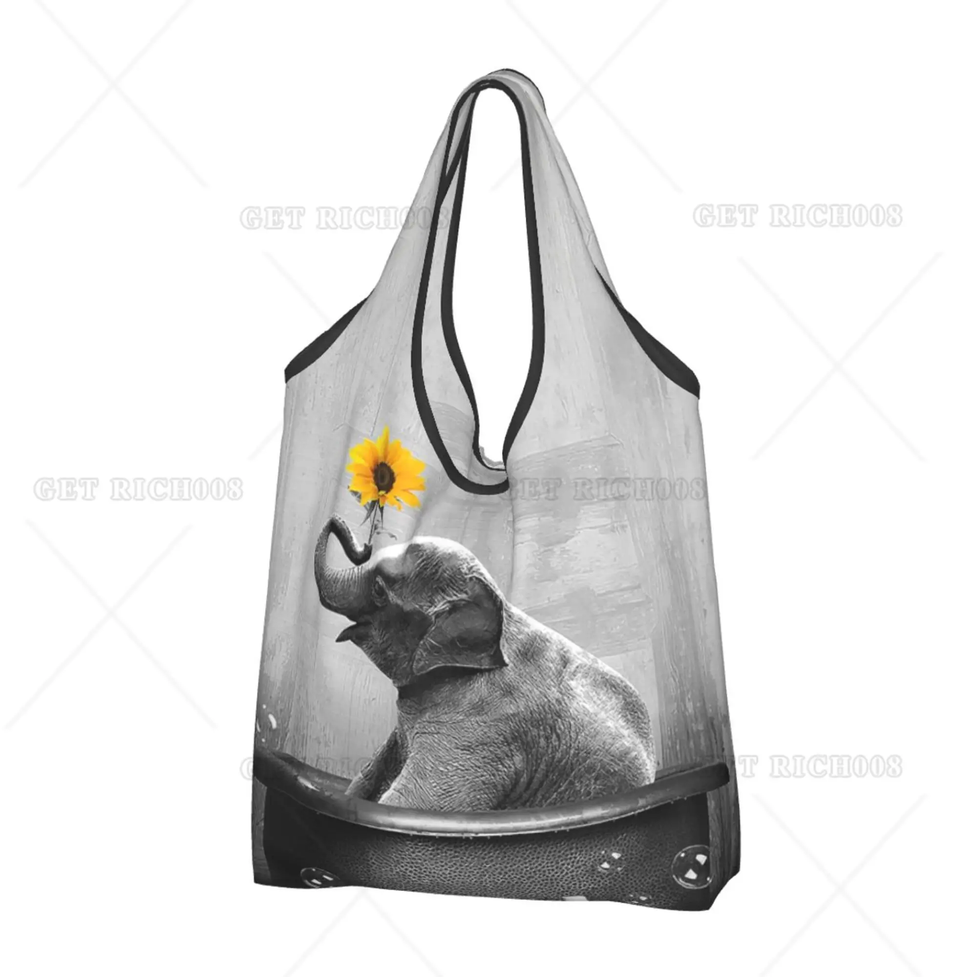 

Sunflower and Elephant Shopping Bag Portable Women Tote Handbag Eco Grocery Bags No Zipper Fashion for Work Outdoor Shopper