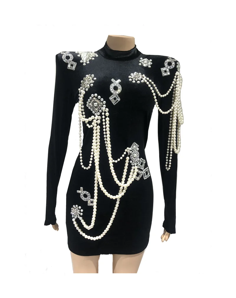 

Handmade Bead Velvet Dress 2023 FashionNew Beading String Pearl Badge Long SleeveWedding Party Black Pencil Birthday Dress