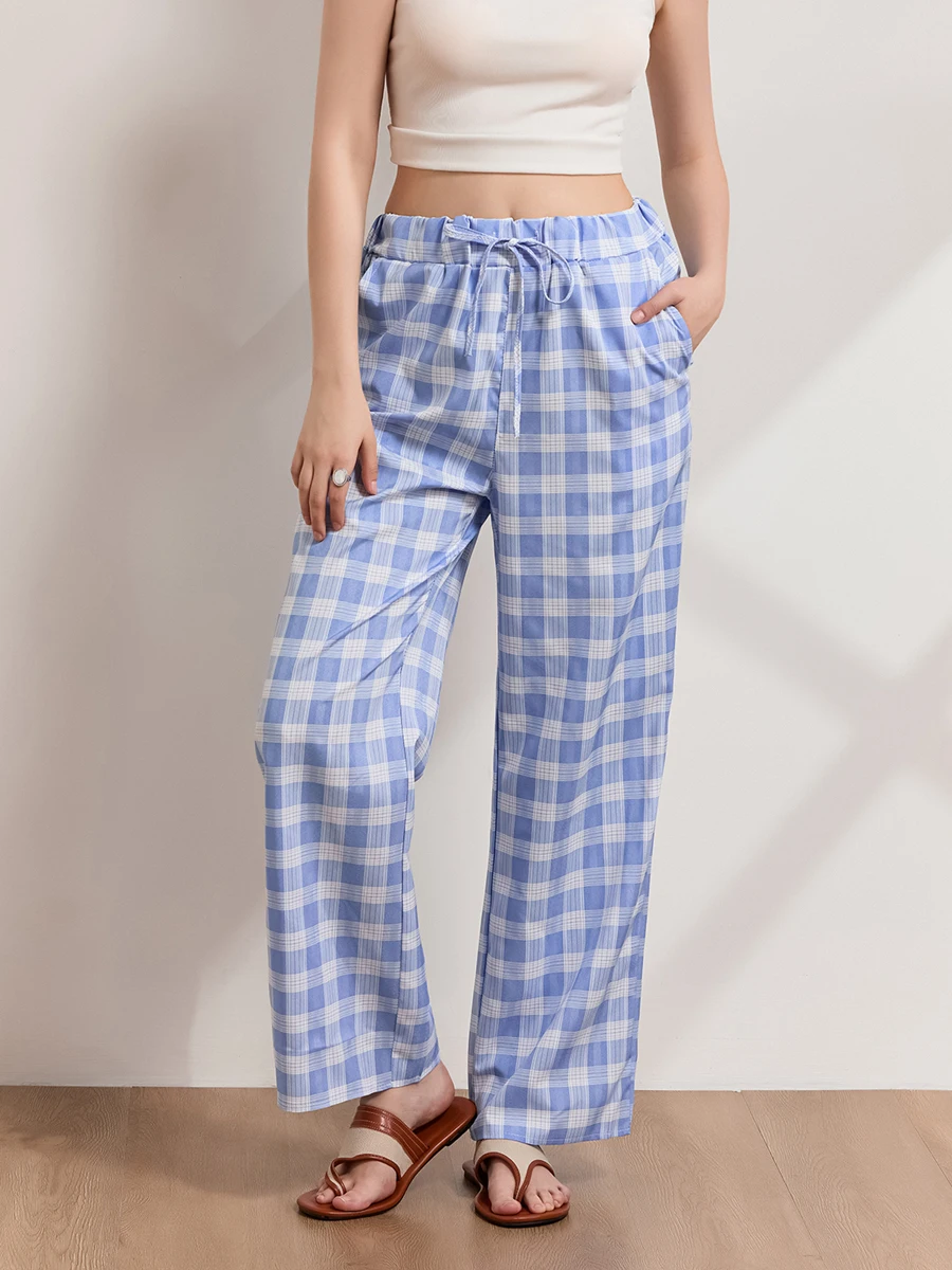 Women Plaids Lounge Pants Elastic Waist Drawstring Loose Long Trousers for Home Sleepwear Daily Bottoms