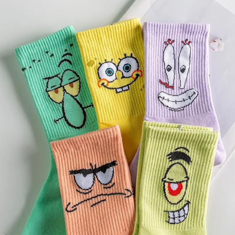 SpongeBob Cartoon Socks Cotton Boy Girl Long Tube Tide Socks Student Breathable Socks Kids Anime Comfortable Mid-calf Sock Gift