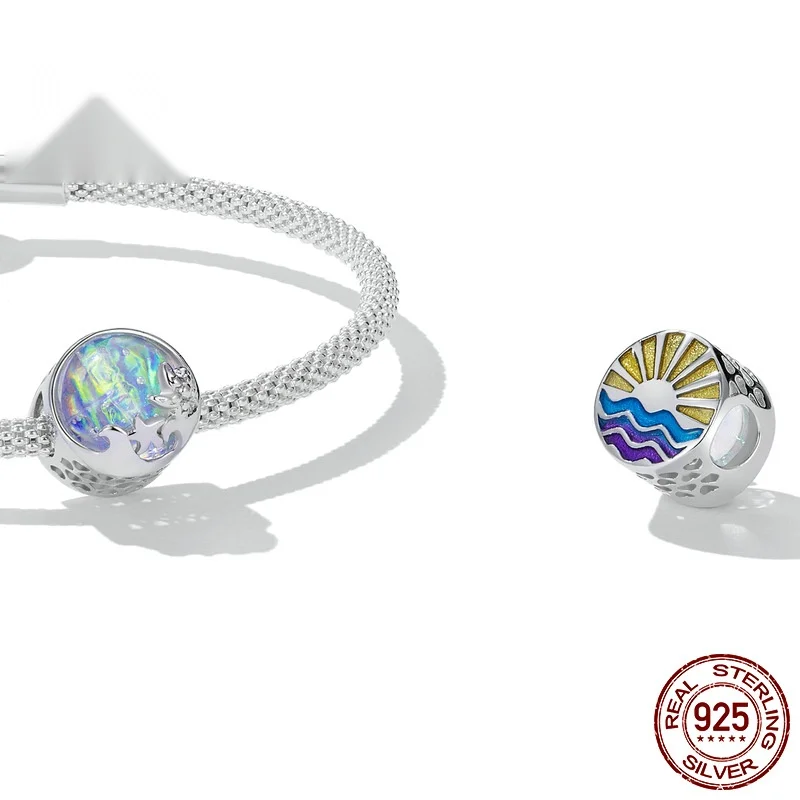 Original S925 Sterling Silver Beach Wave Beaded Bracelet Charms Plated With Platinum Dripping Oil Illusion Starfish Beads Access