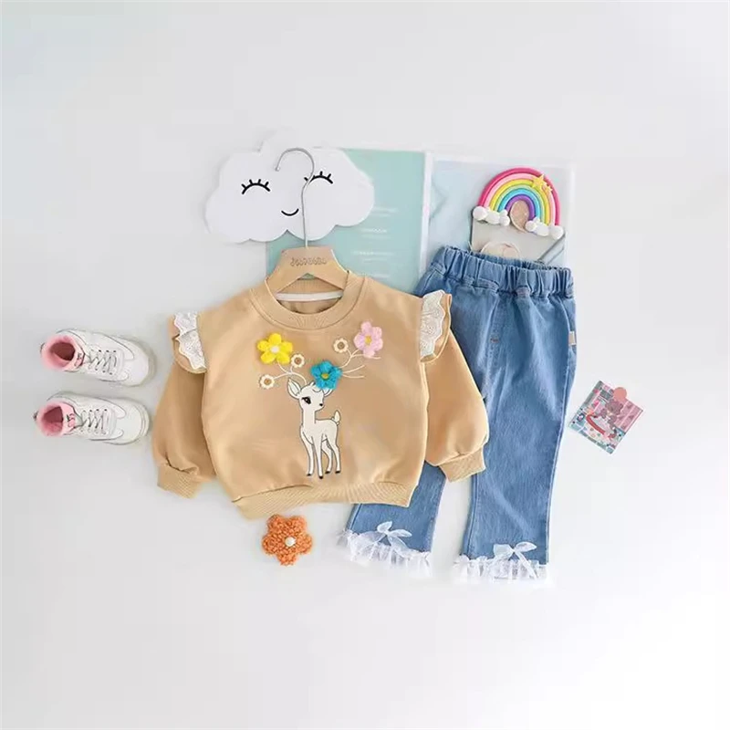 Autumn Children Clothing Sets Baby Girls Cartoon Sweatshirt Jeans Two Piece Suit Infant Clothes Outfits Kids Princess Costumes