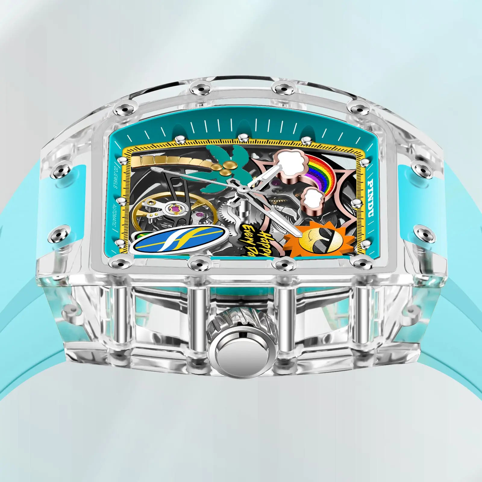 PINDU Design New Bucket Shaped Mechanical Men Watch K9 Glass Summer Beach Style Night Light Silicone Waterproof Automatic Watch view 2