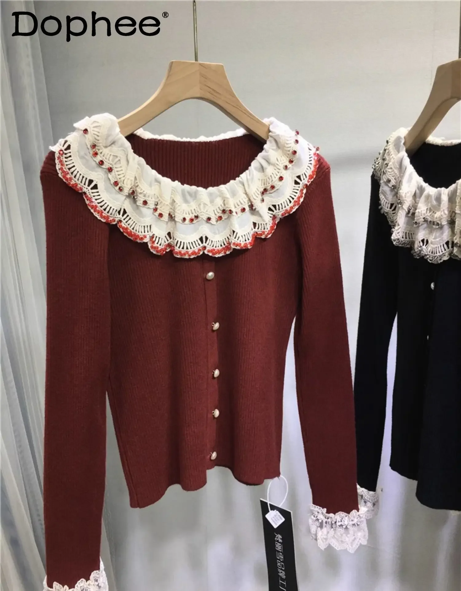 

European Heavy Industry Beaded Sweater Women's Lotus Leaf Edge Sweet Autumn and Winter Bottoming Shirt Top Knitted Sweater