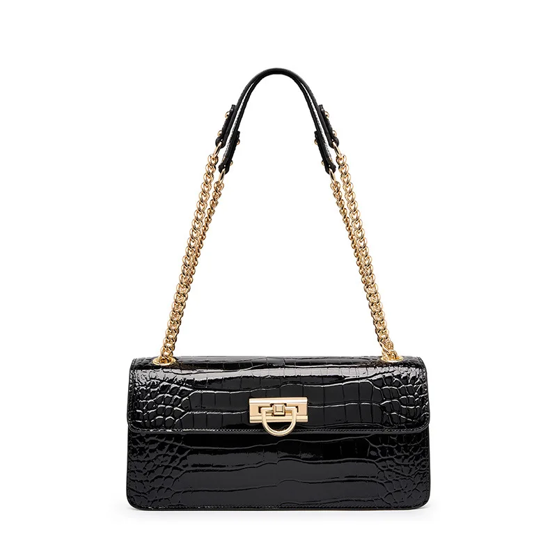 Luxury Designer Solid Black Patent Crocodile Shoulder Crossbody Bags with 100% Genuine Cowhide Leather for Women