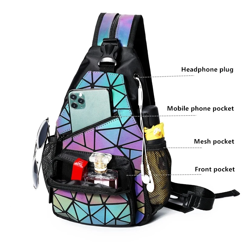 Geometrischer leuchtender Rucksack, holografische reflektierende Tasche, Damen-Umhängetasche mit großem Fassungsvermögen – Detail 4