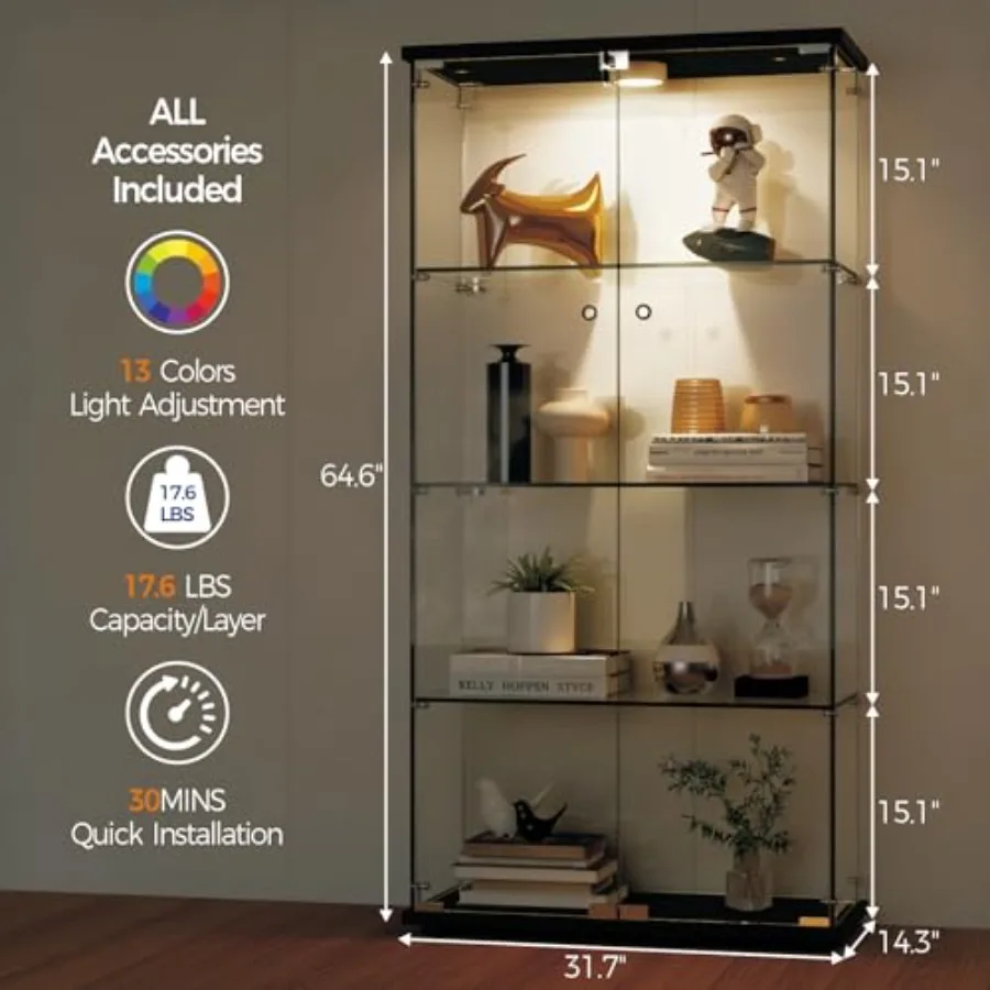 4-Tier 64.6h Tempered Glass Display Cabinet for Collectibles Decor Clear Glass, Black Frame, 13-Color LED Lights Human Body Sen