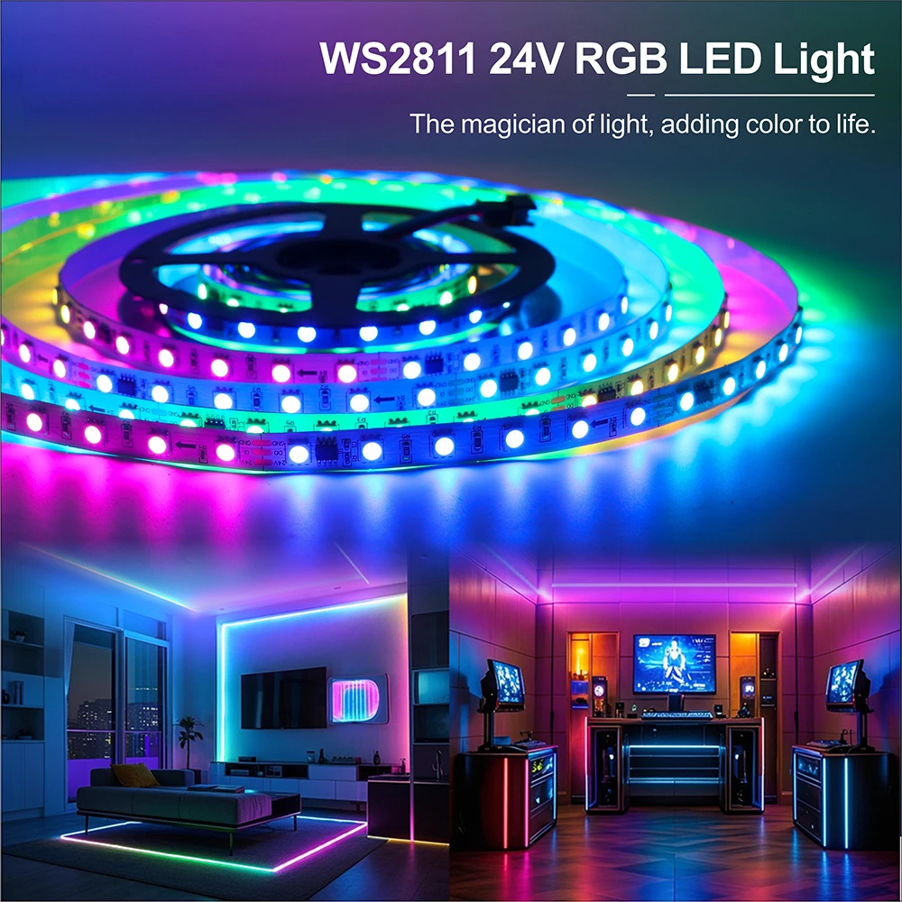 24V WS2811 RGB Addressable LED Strip 6mm 8mm 10mm 60/84LEDs/m Dream Color Waterproof Flexible 3M Backing for Home Bar TV Decor