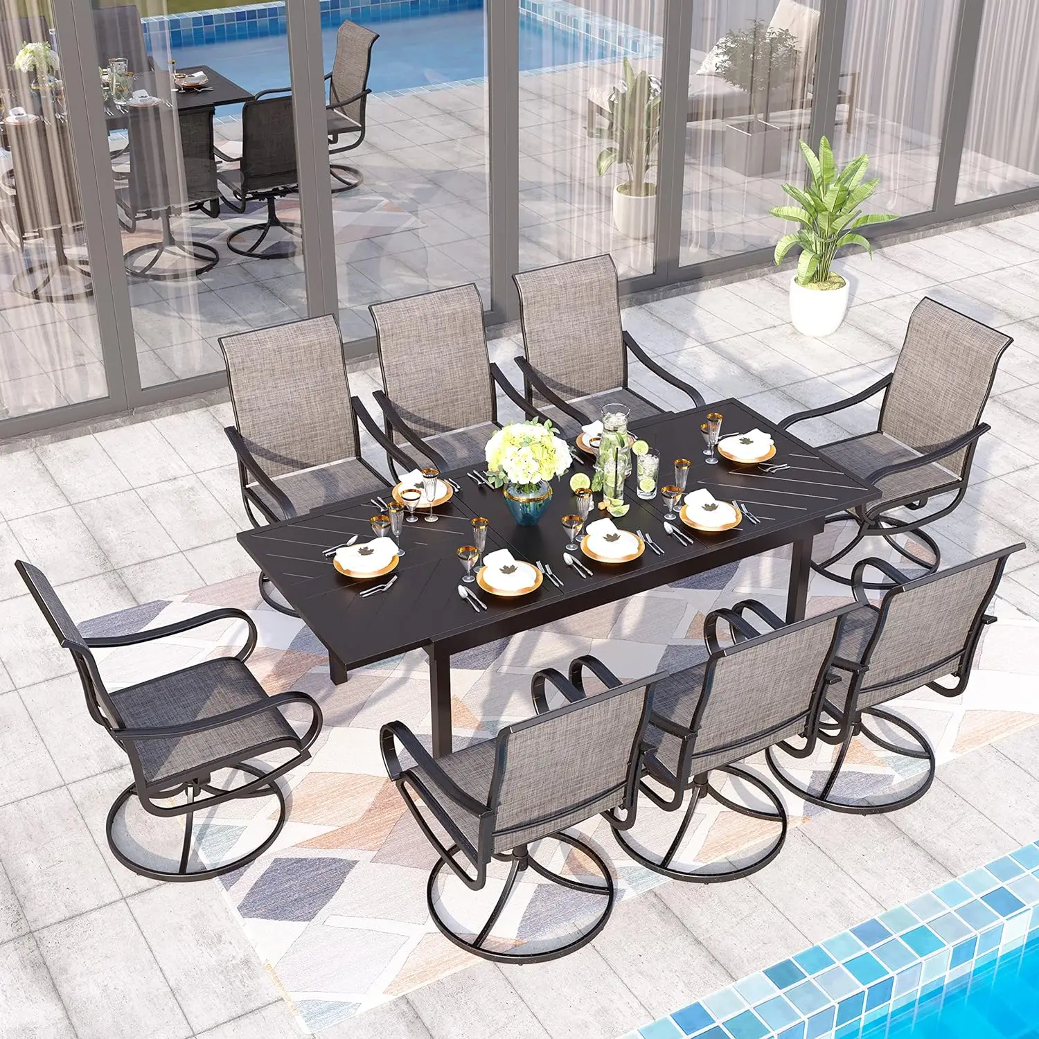 Outdoor 9 Piece Set, Dining Set 6-8 Person Expandable Patio Table & Patio Swivel Chair Textile Patio Dining Set