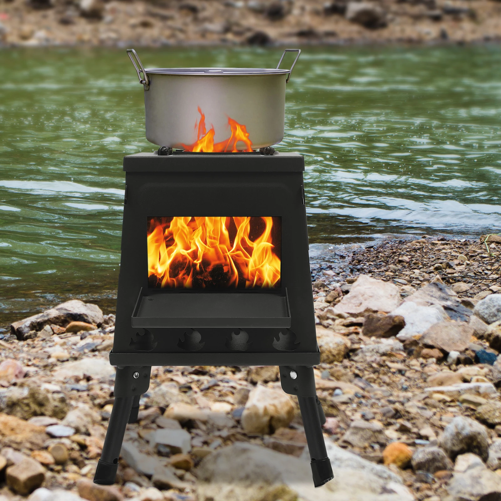 Faltbarer Holzofen, 16-Lüftungsöffnungen Holzkohle-Campingofen, Windgeschützter Holzofen für Wasserkocher, Topf oder Grill – Detail 5
