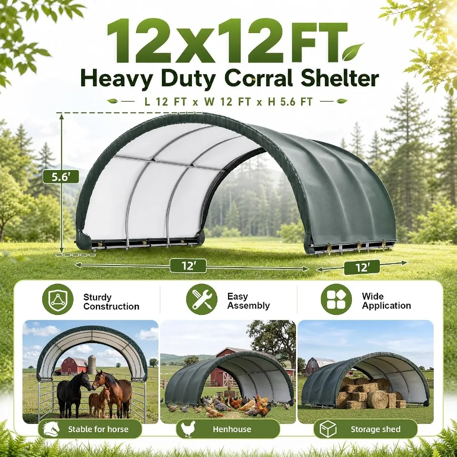 12'x12' Corral Shelter for livestock and agricultural storage, heavy-duty round canopy with waterproof UV-treated green canvas
