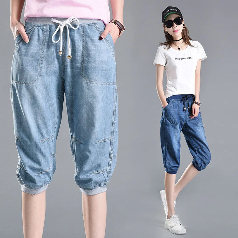 Imagem -03 - Verão Capris Calças de Brim para Mulher Streetwear Bezerro-comprimento Harem Calças Mulher Solta Cintura Alta Denim Calças Curtas Casuais Feminino