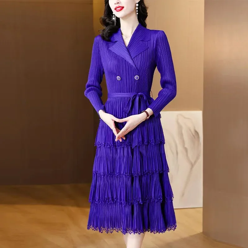 

2024 New Miyake Women's Pleated Dress Suit Collar Fringe Pleated Panel Dress Autumn New Fashion Loose Fit Large Waist Long Dress