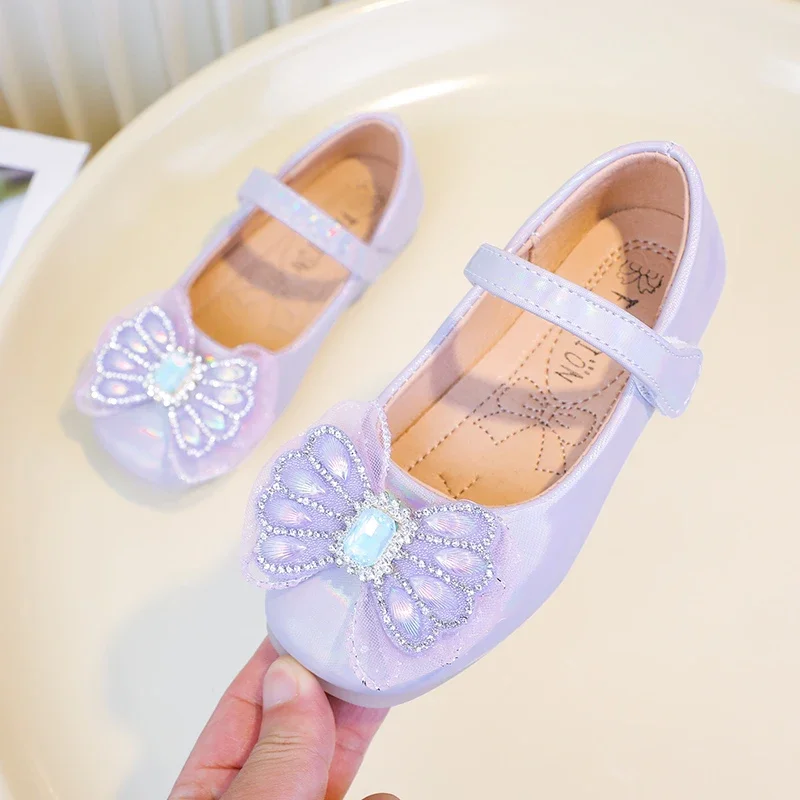 Zapatos de cuero de princesa para niñas, zapatos planos con pajarita de diamantes de imitación, informales, para fiesta de boda, primavera y otoño