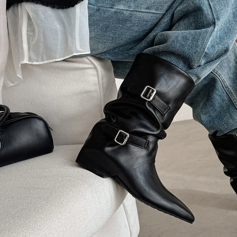NEW Autumn Women Boots Split Leather Shoes Women Pointed Toe Chunky Heel Shoes Belt Buckle Zipper Modern Pants Boots Daily Shoes