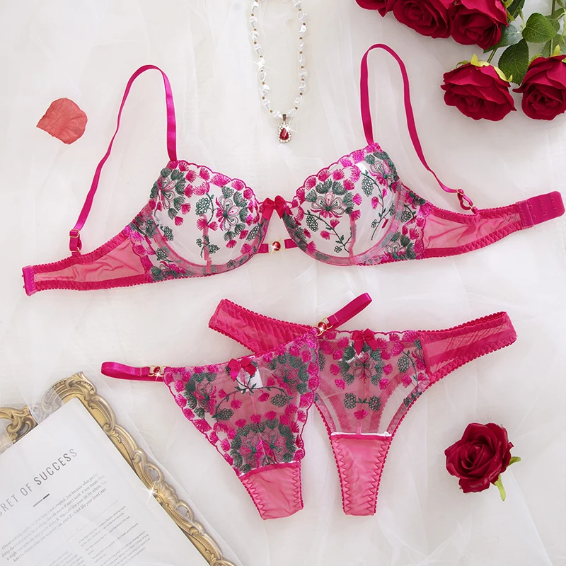 

Women's Lingerie 3 Pieces Floral Embroidery Bra Panties Sets Rose Red Romantic Lace Underwear Intimate See Through Sexy Lingerie