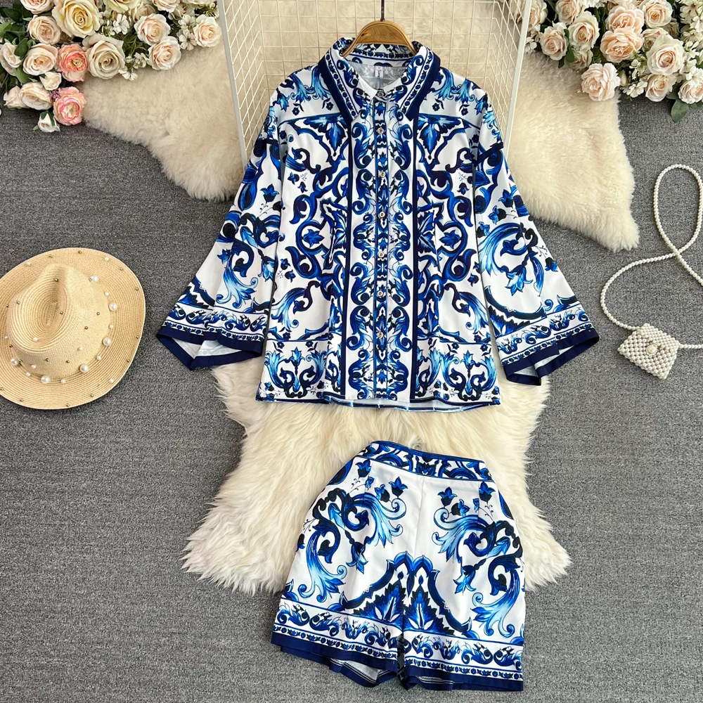 Banulin Spring Runway Fashion Shorts Suit Women Turn-down Collar Blue and White Porcelain Print Shirts and Short 2 Pieces Set