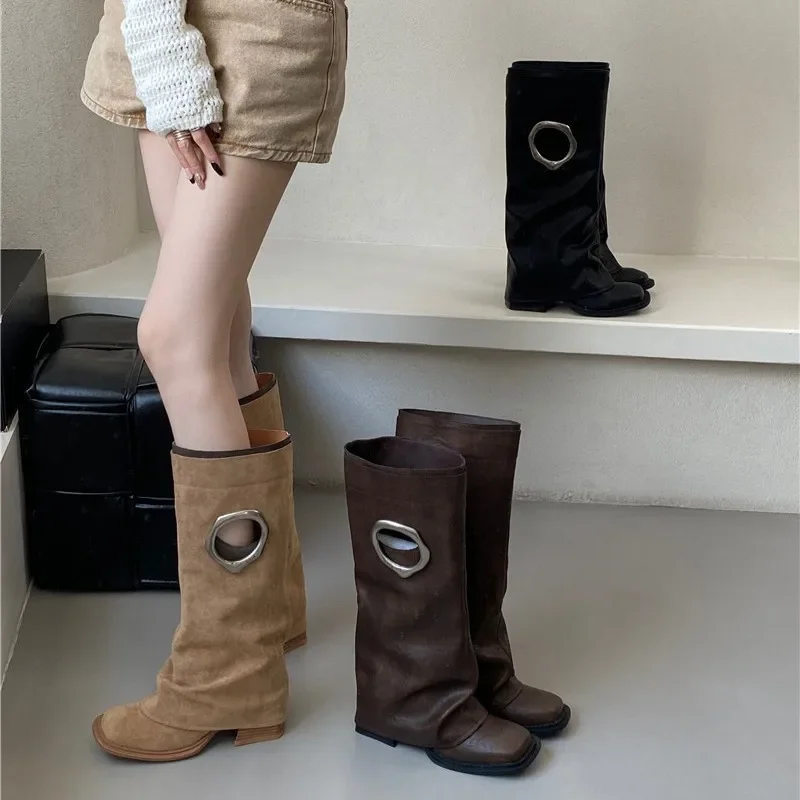 

Vintage Fashion Design Hollow Out Women Knee High Boots Round Toe Square Heels Female Shoes Botas De Mujer