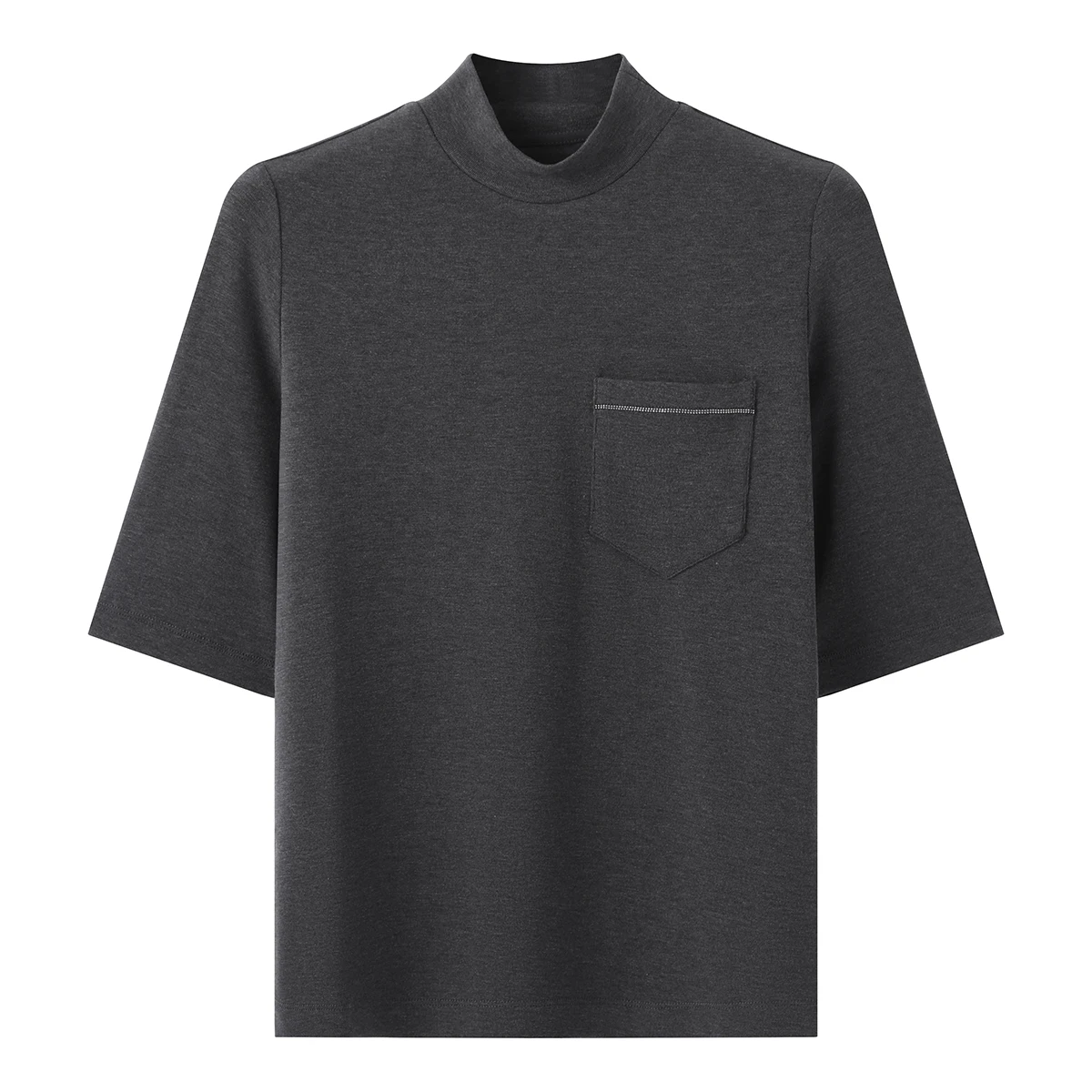 KX7523350 Top de tela mezclada con cuello simulado para mujer con bolsillo media manga moda de otoño informal Wea