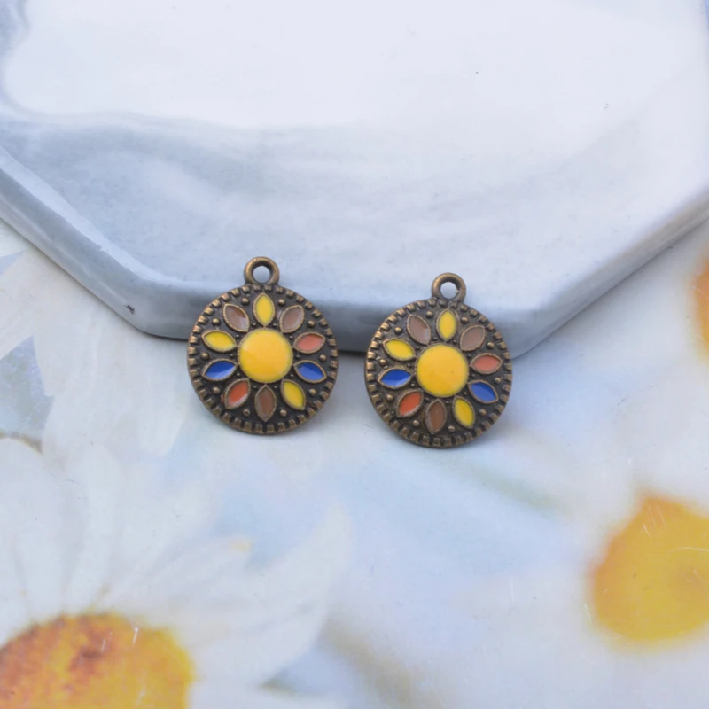 10 Stück Bohemian-Stil Antik-Bronze Runde Emaille-Anhänger Metall Kleine Anhänger DIY Ohrringe Damen Schmuck – Detail 7