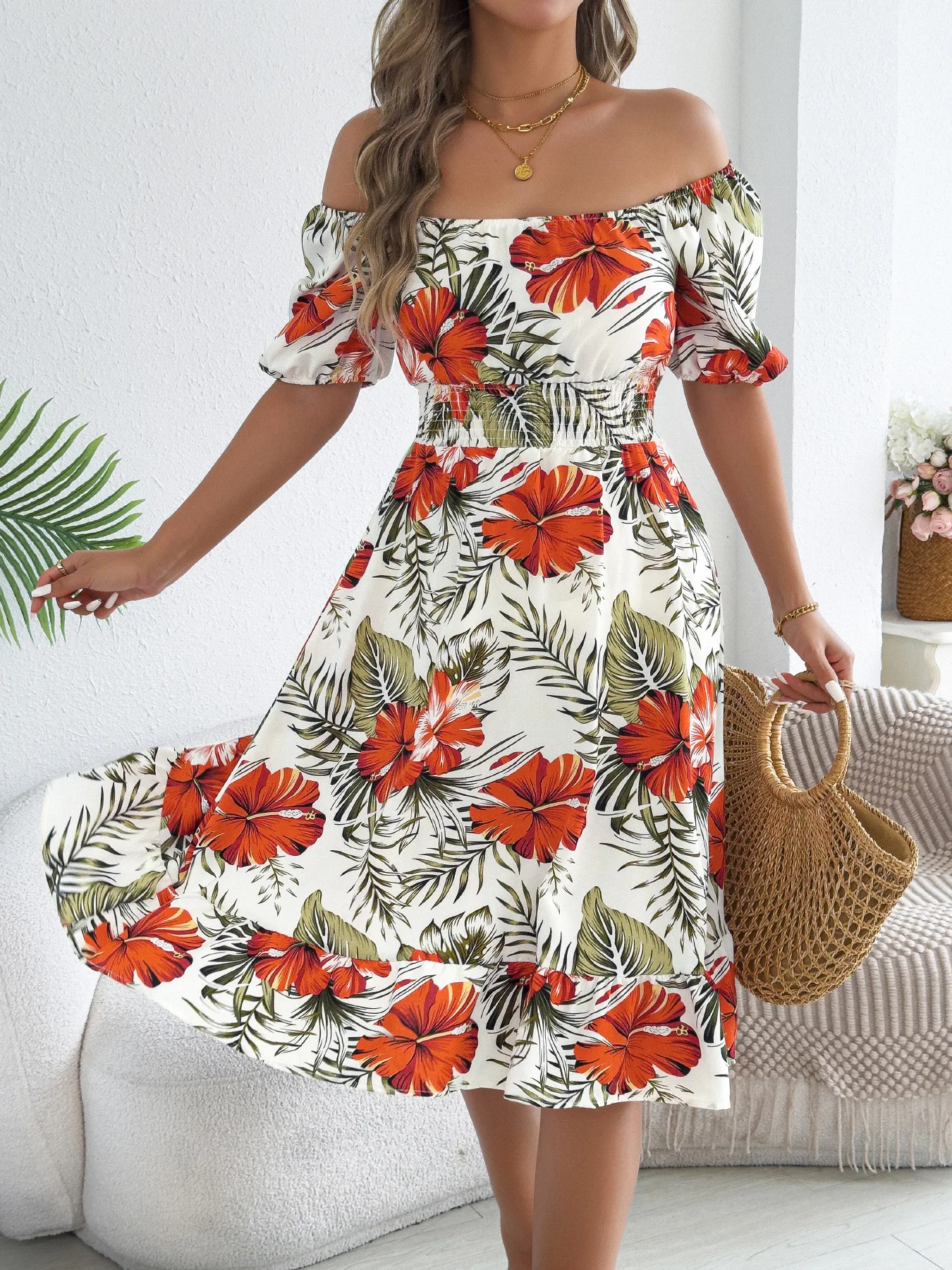 Damenkleidung Elegantes Schulterfreies Sommer-Kurzarm-Strandkleid Plissiertes Kleid für Arbeit Party Sommerkleid Streetwear Vestidos