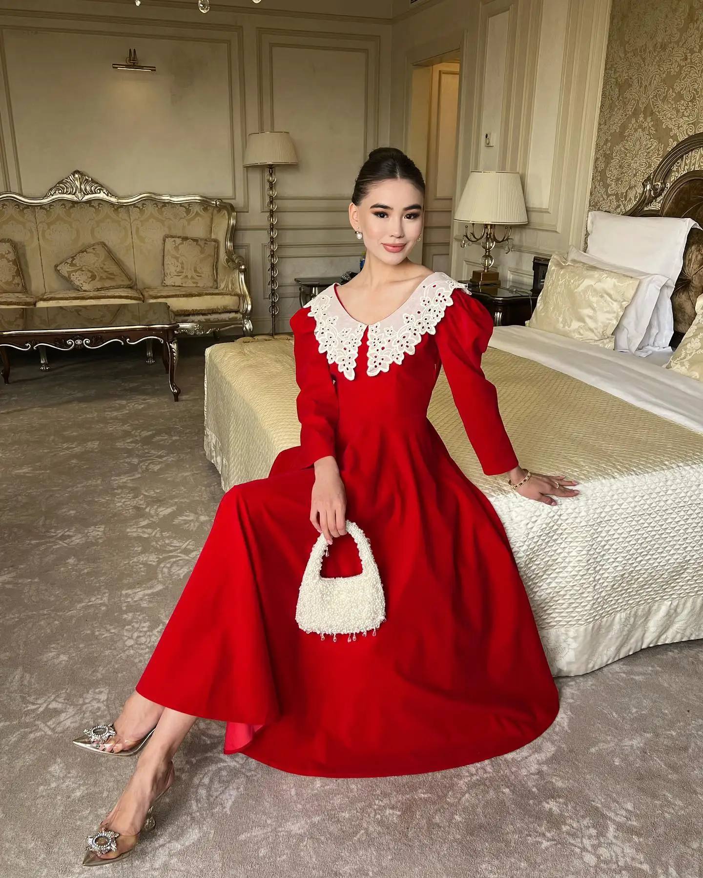 Customized Delicate Jersey Evening Dresses Temperament Long Sleeves Scoop Cocktail Dress Custom Size Bespoke Occasion