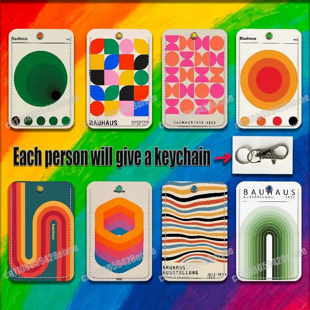 

B-Bauhaus Green Colorful Abstract Geometry For ID Clips Credit Bank Campus Card Holder Cover Decoration PU Leather Keychain
