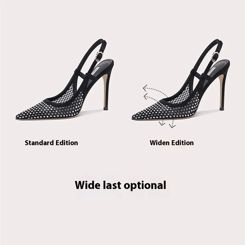 Spring and summer new pointed toe rhinestone mesh low-heeled shoes thin high-heeled dress large size small size women's sandals