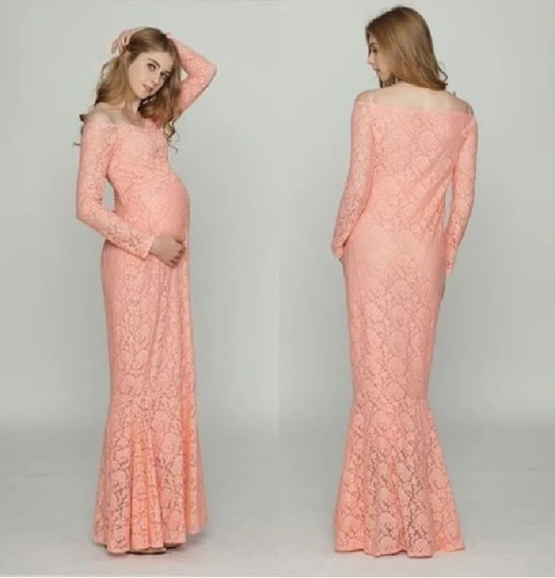 

Women's Off Shoulder Lace Floral Maternity Gown For Photoshoot Elegant Long Sleeve Maxi Photography Baby Shower Dress