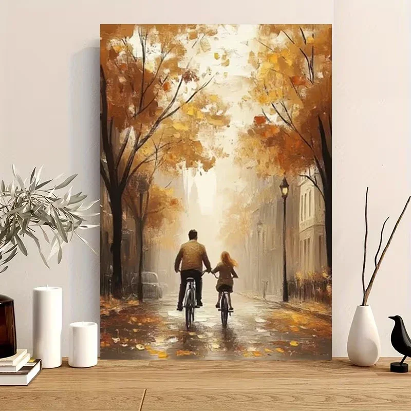Multiple sizes 1pc frameless Canvas Painting,Autumn Stroll in The Park Family Cycling Poster and Prints Canvas Painting Wall Art
