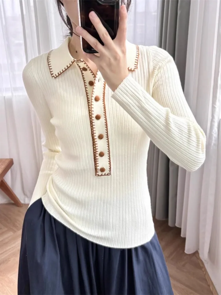 Women Autumn Lapel Collar Buttons Slim Fit Sweater Tops Long Sleeve Knitwear Crochet Mixed Color Ladies Casual Pullover Jumpers